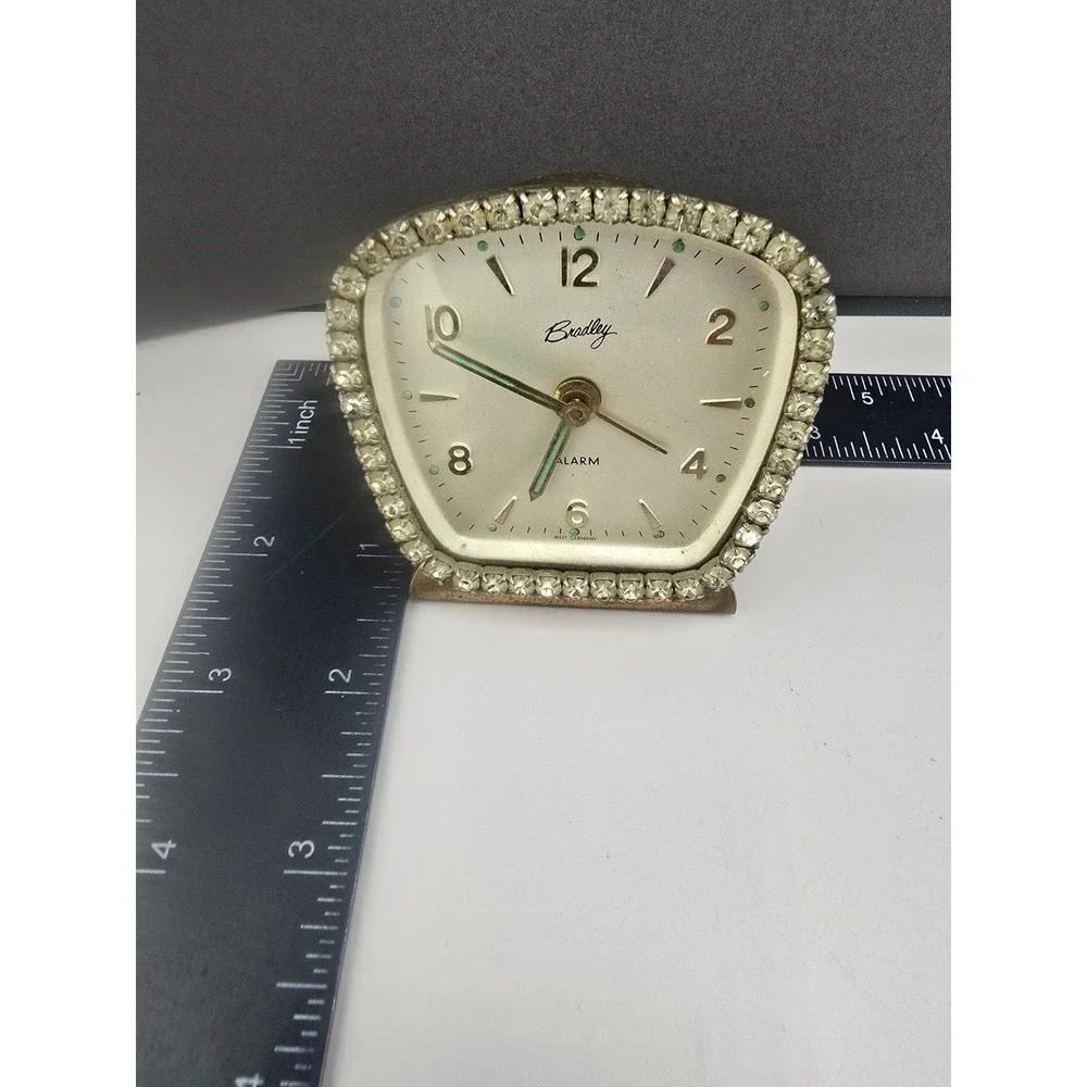 Vintage Bradley Alarm Clock Gold Tone Rhinestone Bezel West Germany 2.5in